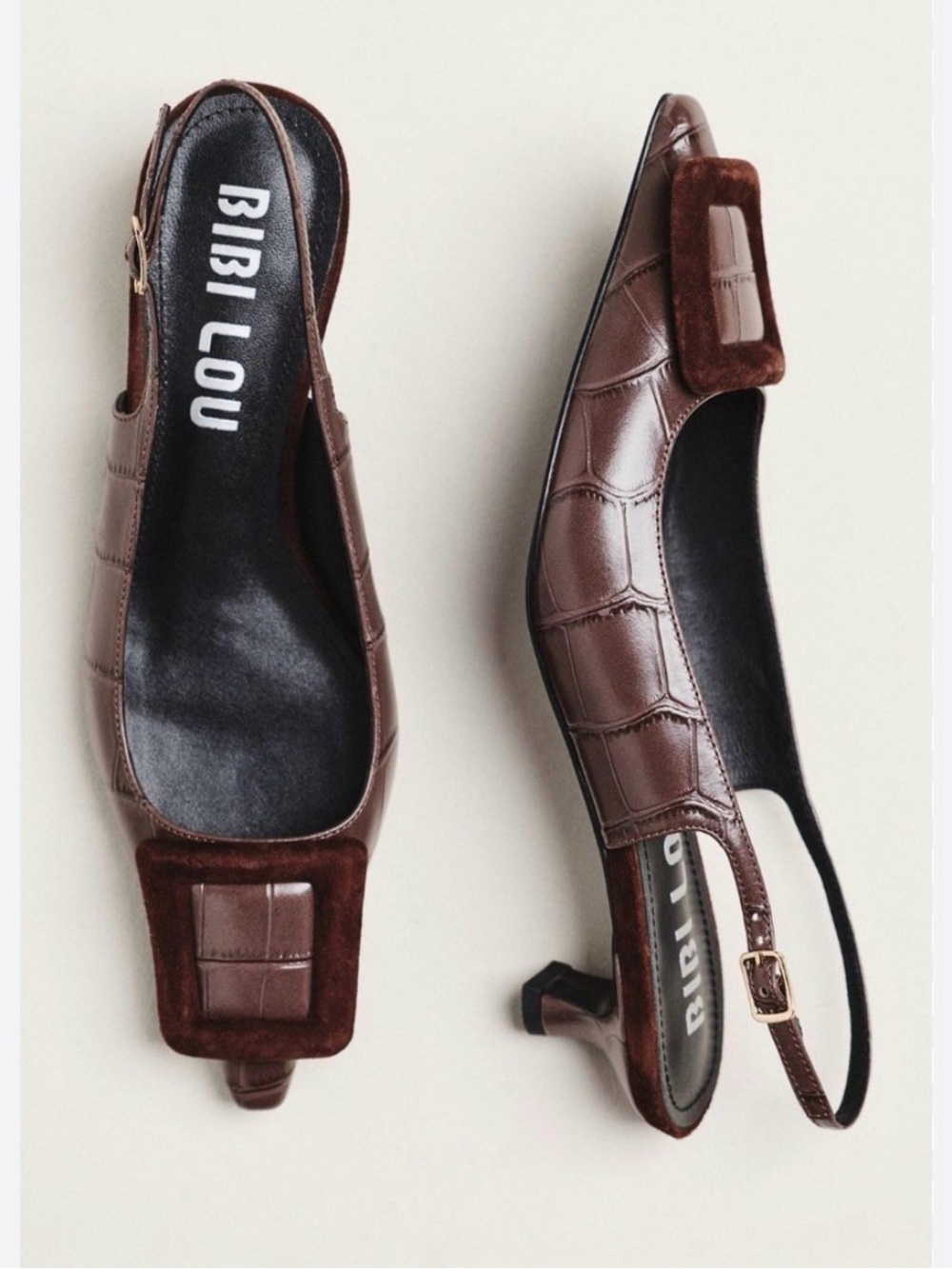 Anthropologie Bibi Lou Robin 2 Croc Embossed Slingback Kitten Heel Pumps Sz 8M